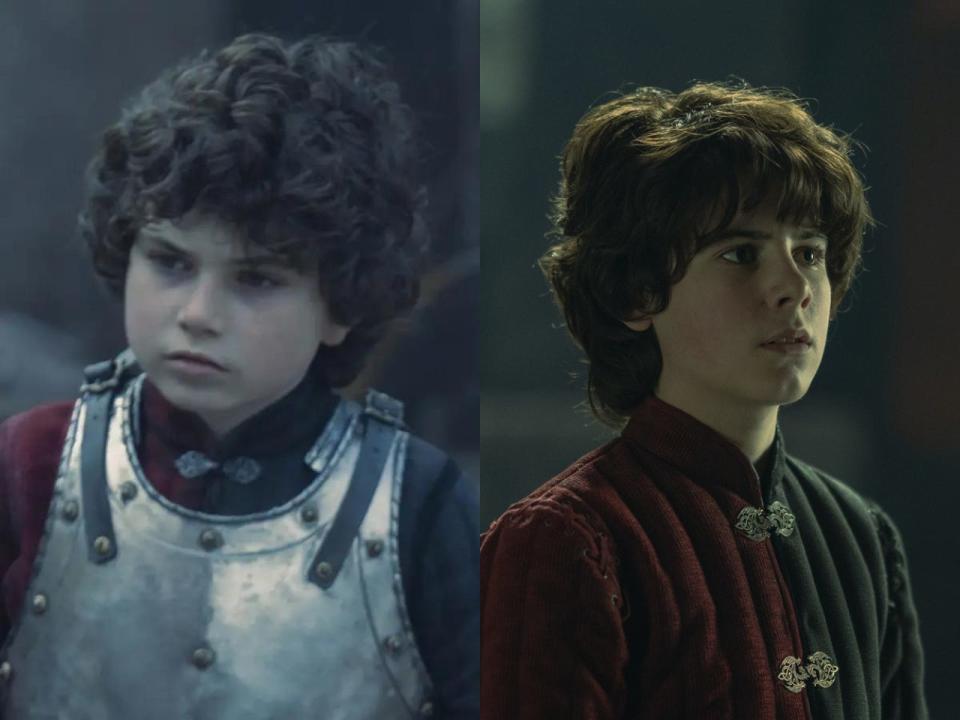 Side by side images of a young boy with curly hair, and a teen boy with the same hair.