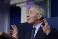 Dr. Anthony Fauci, director of the National Institute of Allergy and Infectious Diseases, speaks with reporters in the James Brady Press Briefing Room at the White House, Thursday, Jan. 21, 2021, in Washington. (AP Photo/Alex Brandon)