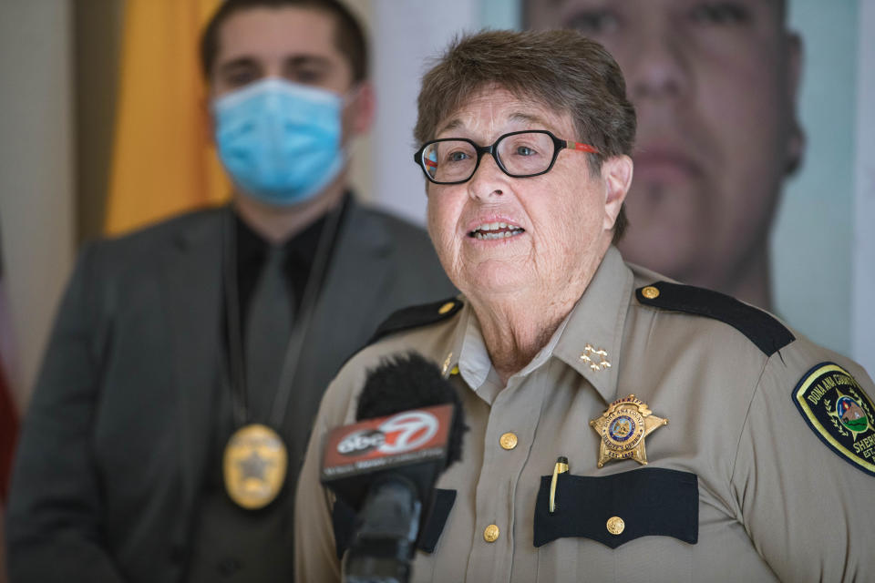 Doña Ana County Sheriff Kim Stewart is seen at a news conference at the Doña Ana County Sheriff’s Office in Las Cruces on Tuesday, May 11, 2021.