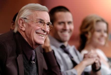 FILE PHOTO - Martin Landau (L), a cast member in the ABC drama series "The Evidence," participates in a Q&A session with fellow cast members Rob Estes (C) and Anita Briem at the Television Critics Association press tour in Pasadena, California, January 21, 2006. REUTERS/Chris Pizzello/File Photo