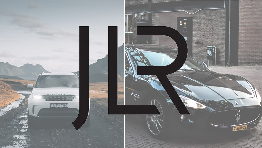  The JLR logo over the images of a Land Rover and a Jaguar car 