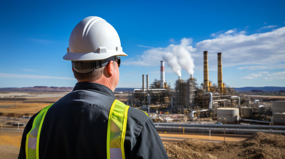 A worker in a hard hat and safety gear overseeing the construction of a major energy project.