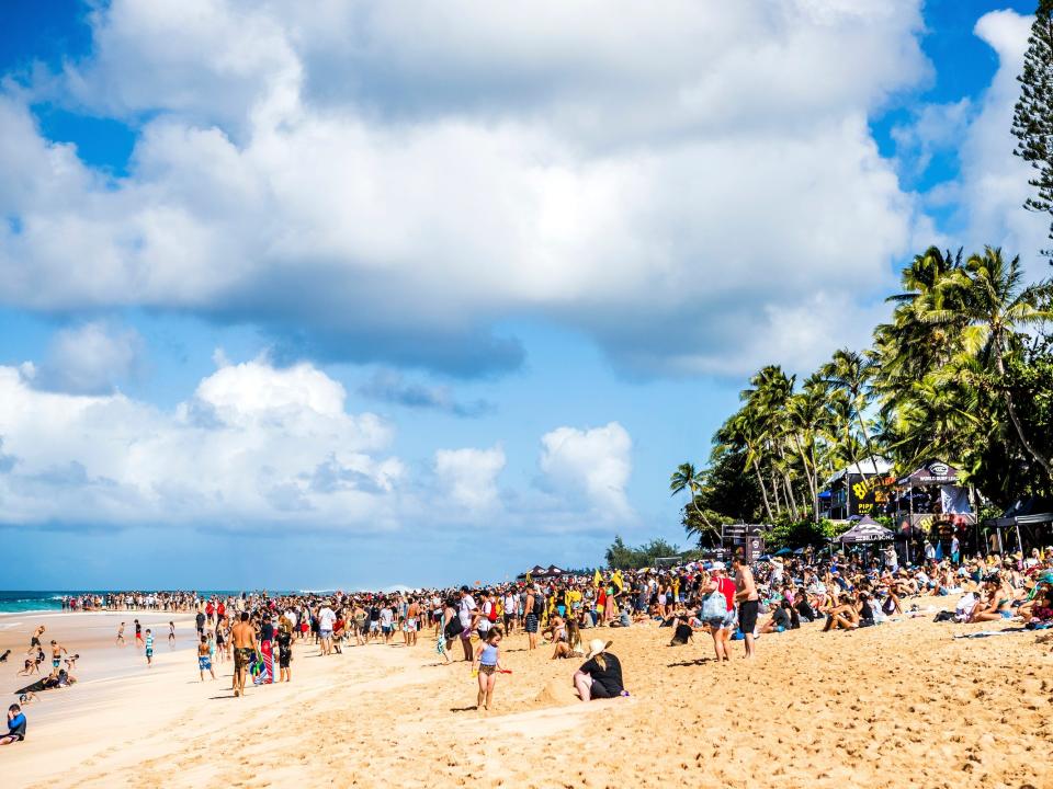 Thousands of surf fans watching finals day of the 2019 Billabong Pipe Masters at Pipeline on December 19, 2019 in Oahu, Hawaii.