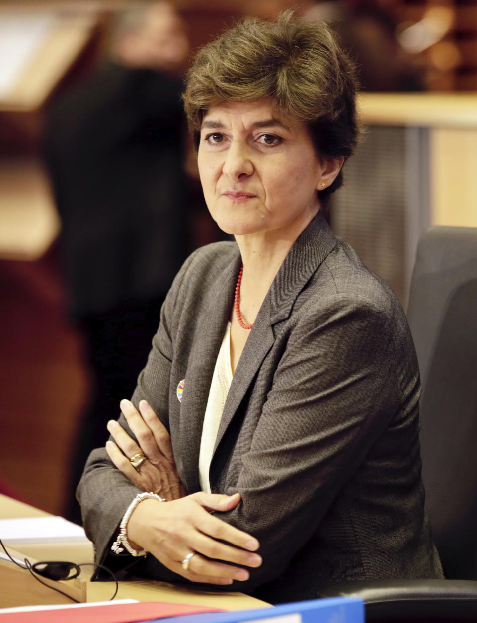 European Commissioner designate for Internal Market Sylvie Goulard answers questions during her hearing at the European Parliament in Brussels, Thursday, Oct 10, 2019. (AP Photo/Olivier Matthys)