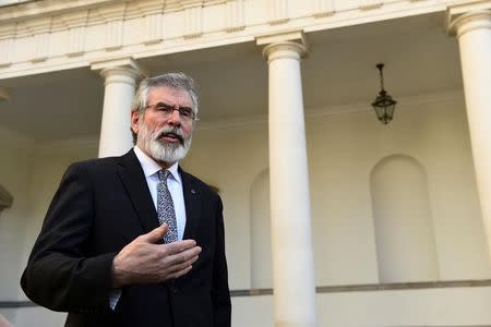 Sinn Fein president Gerry Adams speaks during an interview with Reuters at Government buildings in Dublin, Ireland March 9, 2017. REUTERS/Clodagh Kilcoyne