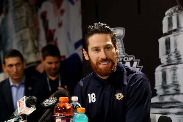 PITTSBURGH, PA – MAY 28: James Neal #18 of the Nashville Predators answers questions during Media Day for the 2017 NHL Stanley Cup Final at PPG PAINTS Arena on May 28, 2017 in Pittsburgh, Pennsylvania. (Photo by Bruce Bennett/Getty Images)