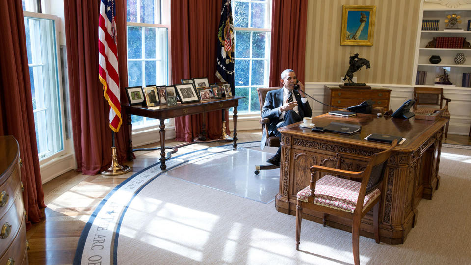 Trump changed the drapes and rug, but kept the desk.