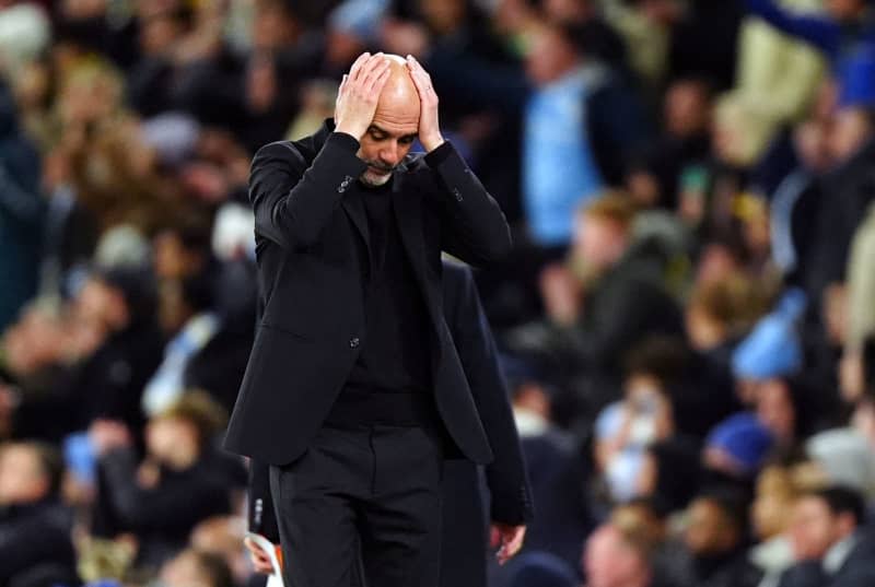 Manchester City manager Pep Guardiola reacts during the UEFA Champions League quarter-final second leg soccer match between Manchester City and Real Madrid at the Etihad Stadium, Manchester. Mike Egerton/PA Wire/dpa