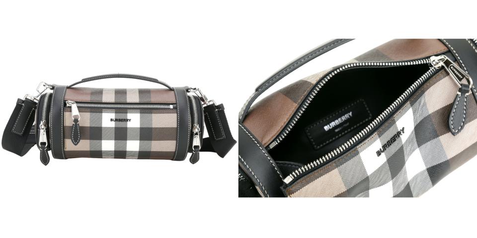 BURBERRY品牌日必買��BURBERRY Check 格紋環保帆布圓筒包(深樺木棕)。輕簡耐髒材質，採用經典不過的格紋環保帆布圖片來源：Yahoo奇摩購物中心