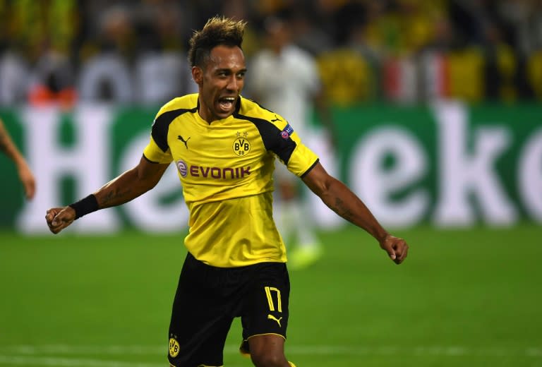 Dortmund's Pierre-Emerick Aubameyang celebrates after scoring a goal during their UEFA Champions League first leg match against Real Madrid, at BVB stadium in Dortmund, on September 27, 2016