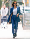 <p>Irina Shayk stuns in a bright blue suit on Friday in N.Y.C.</p>