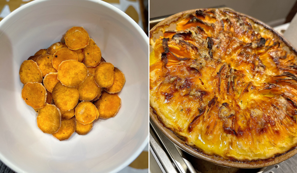 author photos of homemade sweet potato chips and sweet potato gratin