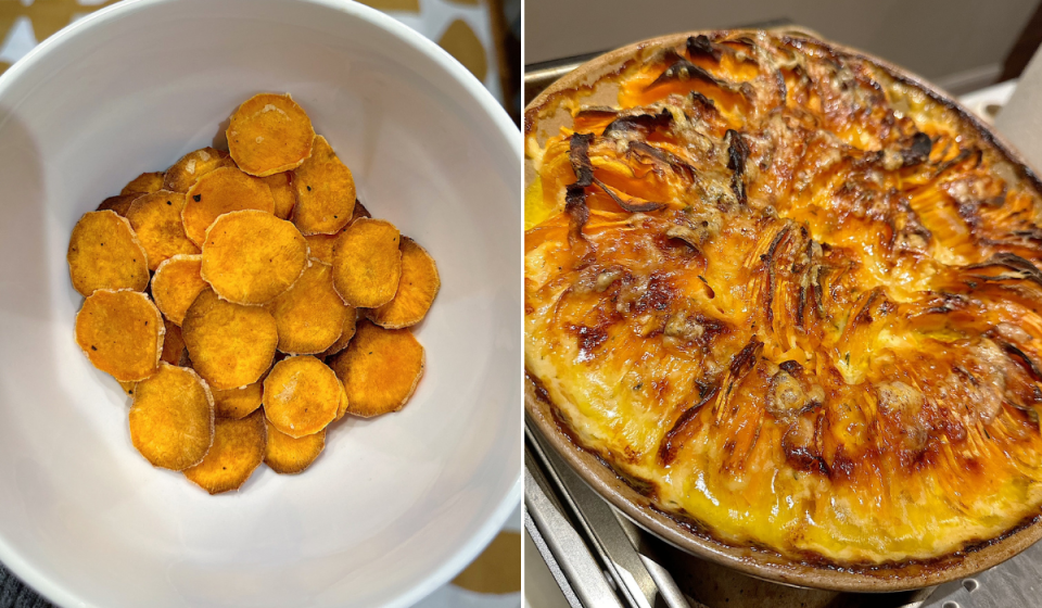 Author photo of homemade sweet potato chips and sweet potato gratin