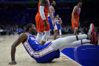 Philadelphia 76ers' Joel Embiid reacts after a foul during the first half of an NBA basketball game against the Oklahoma City Thunder, Tuesday, April 2, 2024, in Philadelphia. (AP Photo/Matt Slocum)