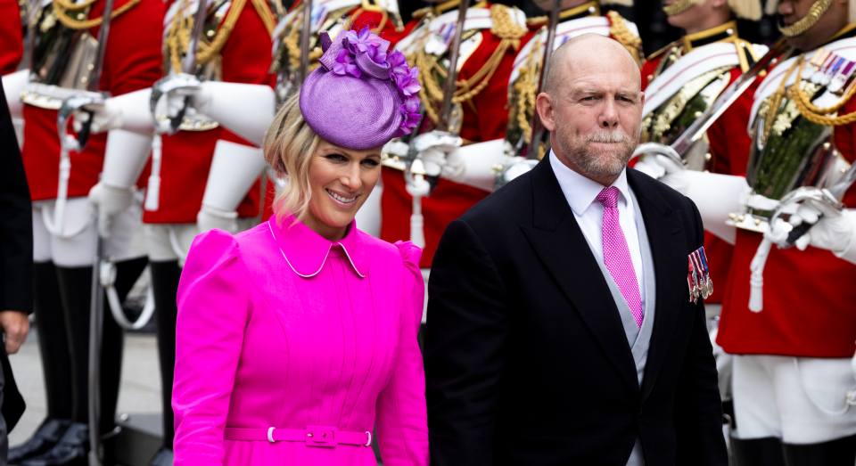 Zara Tindall wowed in pink as she arrived with husband Mike at the St Paul's Cathedral service. (Getty Images)
