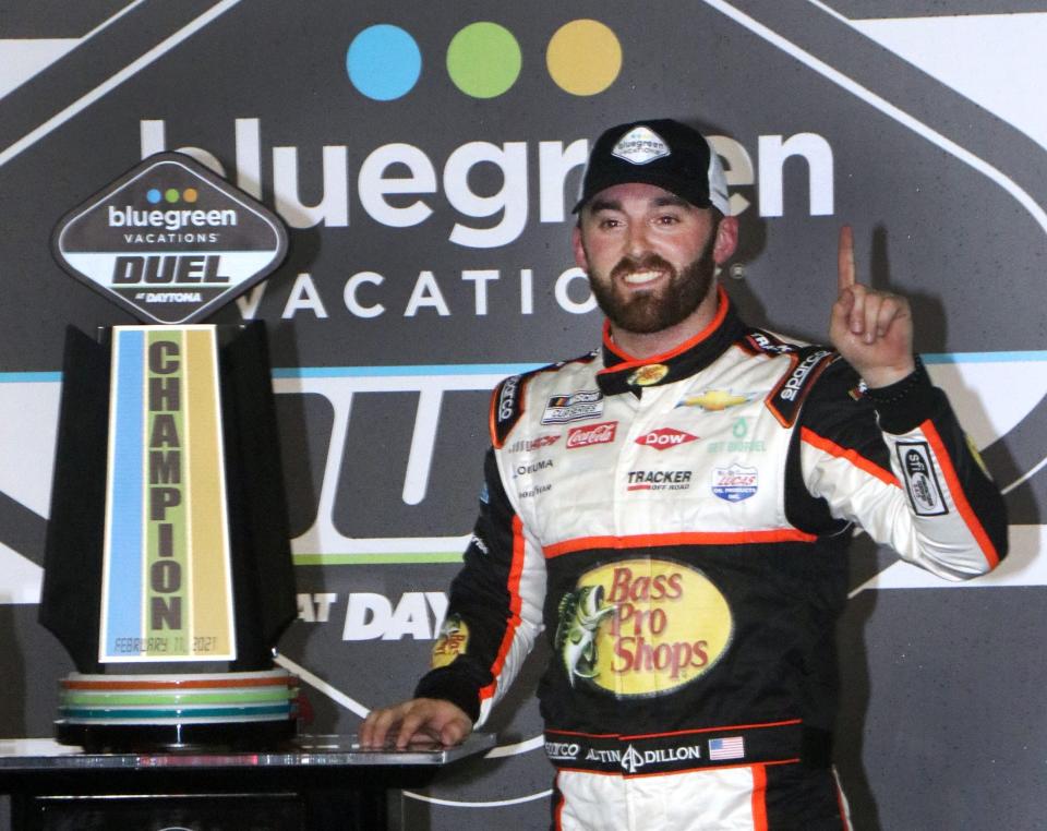 Austin Dillon celebrates after winning the second Duel at Daytona qualifying race on Feb. 11, 2021, ahead of the Daytona 500.