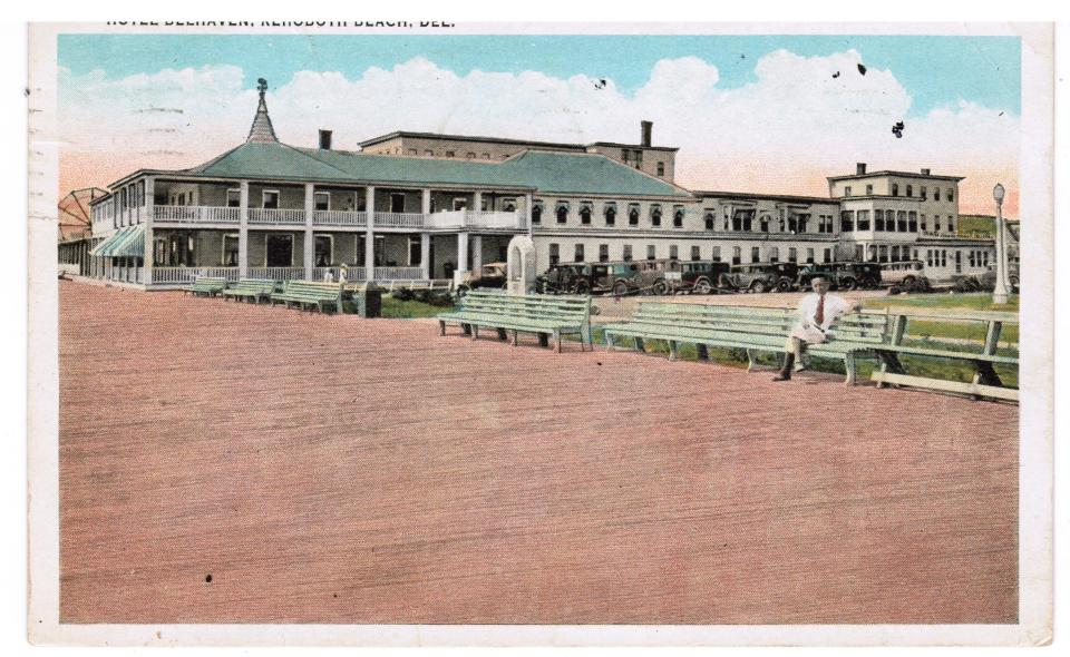 A historic image of the Bellhaven Hotel at the Rehoboth Beach boardwalk. The hotel was destroyed in the Great Storm of 1962.