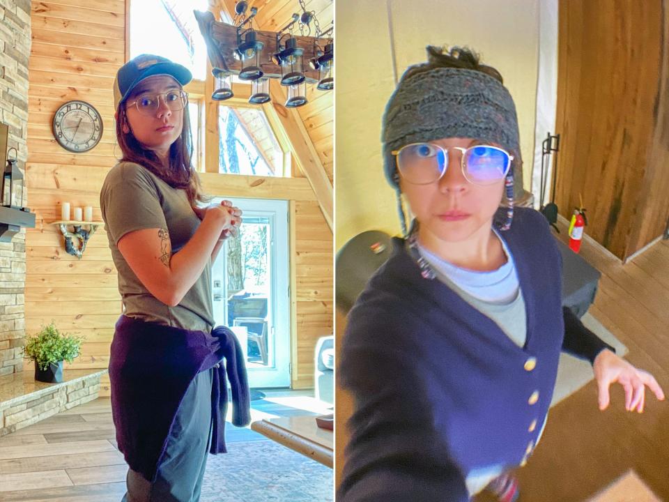 Left image: The author standing inside of a cabin with large windows behind her. She's wearing a hat with a gray t shirt and teal pants with a navy blue cardigan around her waist. Right image: The author in a tent wearing a thick, gray headband and three layers on top: a light blue tank top under a gray t shit under a navy blue buttoned up cardigan