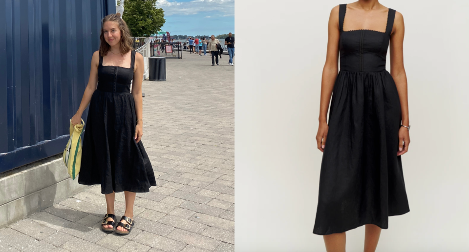 Split screen of woman in black tagliatelle linen dress of the Reformation