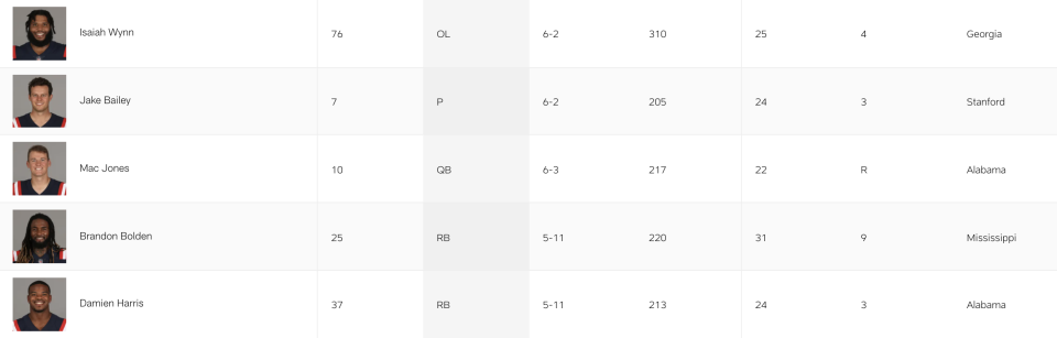 Screengrab of the Patriots' current active roster.