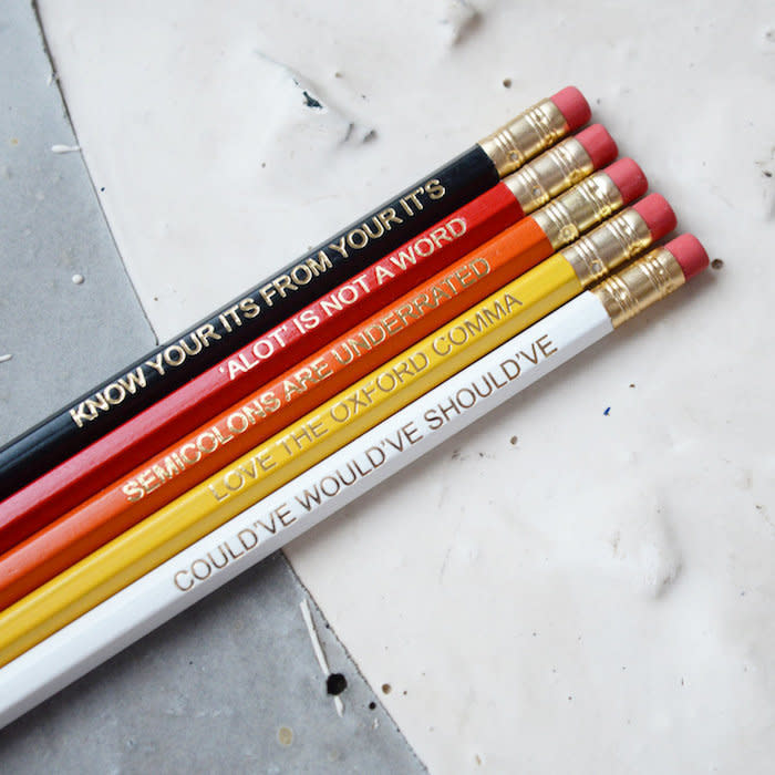 $10.14, Newton and the Apple. <a href="https://www.etsy.com/listing/472402376/red-grammar-pencils-set-ombre-coloured" target="_blank">Buy here.</a>