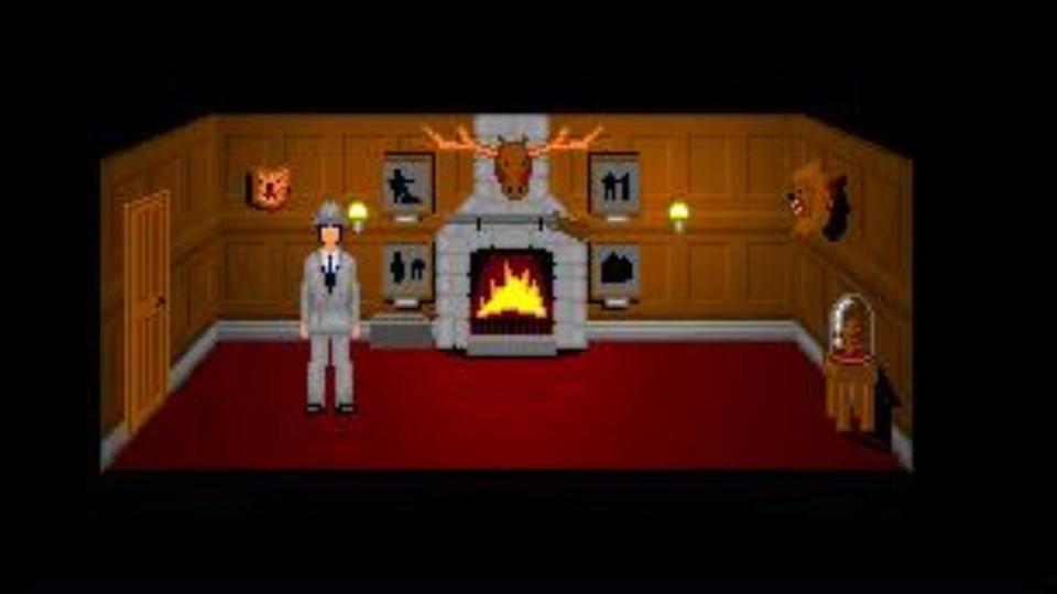 5 Days a Stranger screenshot showing a man in a suit standing next to a fireplace