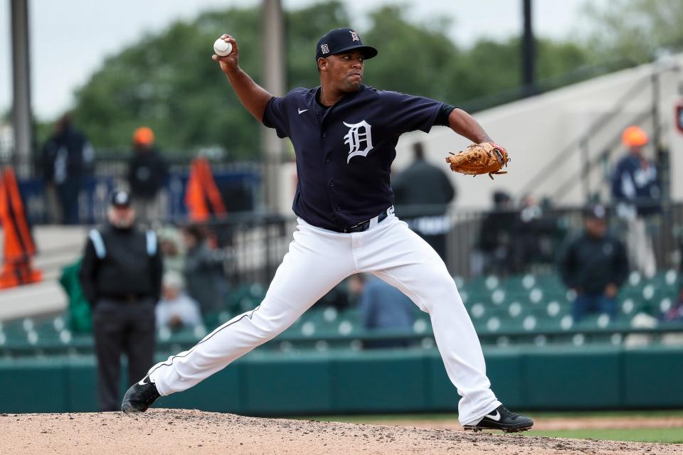 Tigers pitcher Gerson Moreno pitches against Southeastern University at Joker Marchant Stadium in Lakeland, Fla., Friday, Feb. 21, 2020.