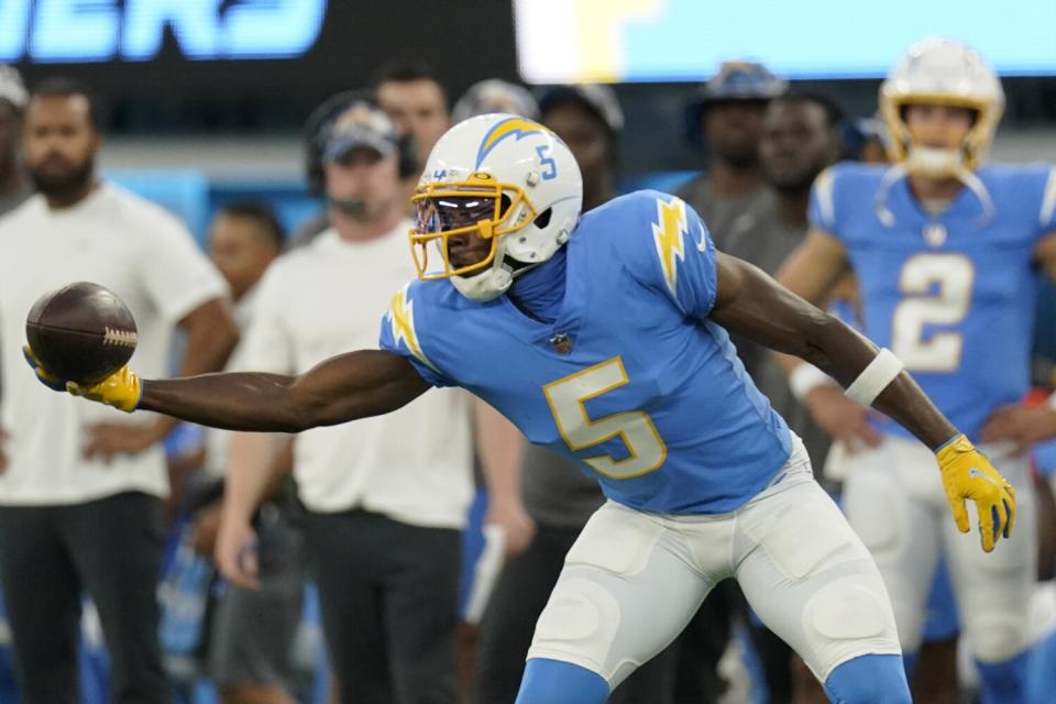 Chargers wide receiver Joshua Palmer can't haul in a pass during the first half of Saturday's game.