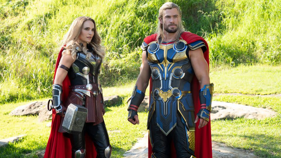 Chris Hemsworth in a scene from "Thor: Love and Thunder," alongside co-star Natalie Portman - Jasin Boland/Marvel Studios-Disney