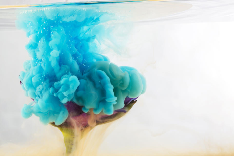 An underwater flower is partially visible as vibrant clouds of blue paint surround it, creating an artistic, ethereal effect