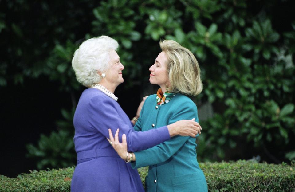 First lady Barbara Bush greets incoming first lady Hillary Clinton at the White House on Nov. 19, 1992 for the traditional tour of the family quarters.