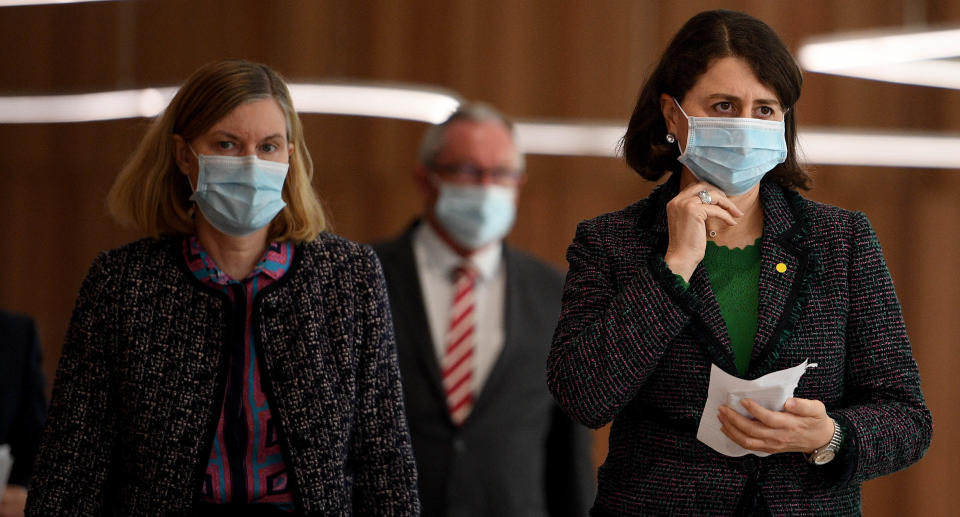 NSW Premier Gladys Berejiklian (right) and Chief Health Officer Dr Kerry Chant arrive to address media during a press conference in Sydney, Thursday, September 2, 2021. Source: AAP