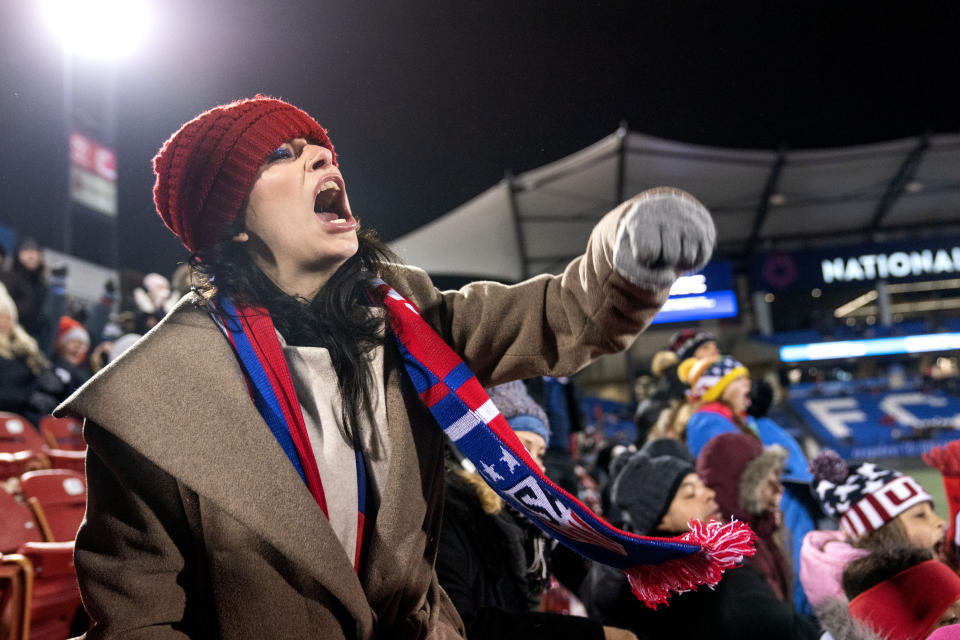 Zoe Ross, of Fort Worth, Texas, celebrates a U.S. goal against Iceland during the first half of a SheBelieves Cup soccer match Wednesday, Feb. 23, 2022 in Frisco, Texas. The United States won 5-0. (AP Photo/Jeffrey McWhorter)