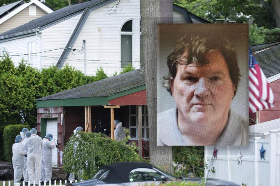 Booking photo of Rex Heuermann (inset), arrested in connection with a string of unsolved killings known as the Gilgo Beach murders on Long Island. Police searched a home in Massapequa Park, New York, on on July 14, 2023, after he was taken into custody. / Credit: Background: Eduardo Munoz Alvarez / AP; Inset: Obtained by CBS New York