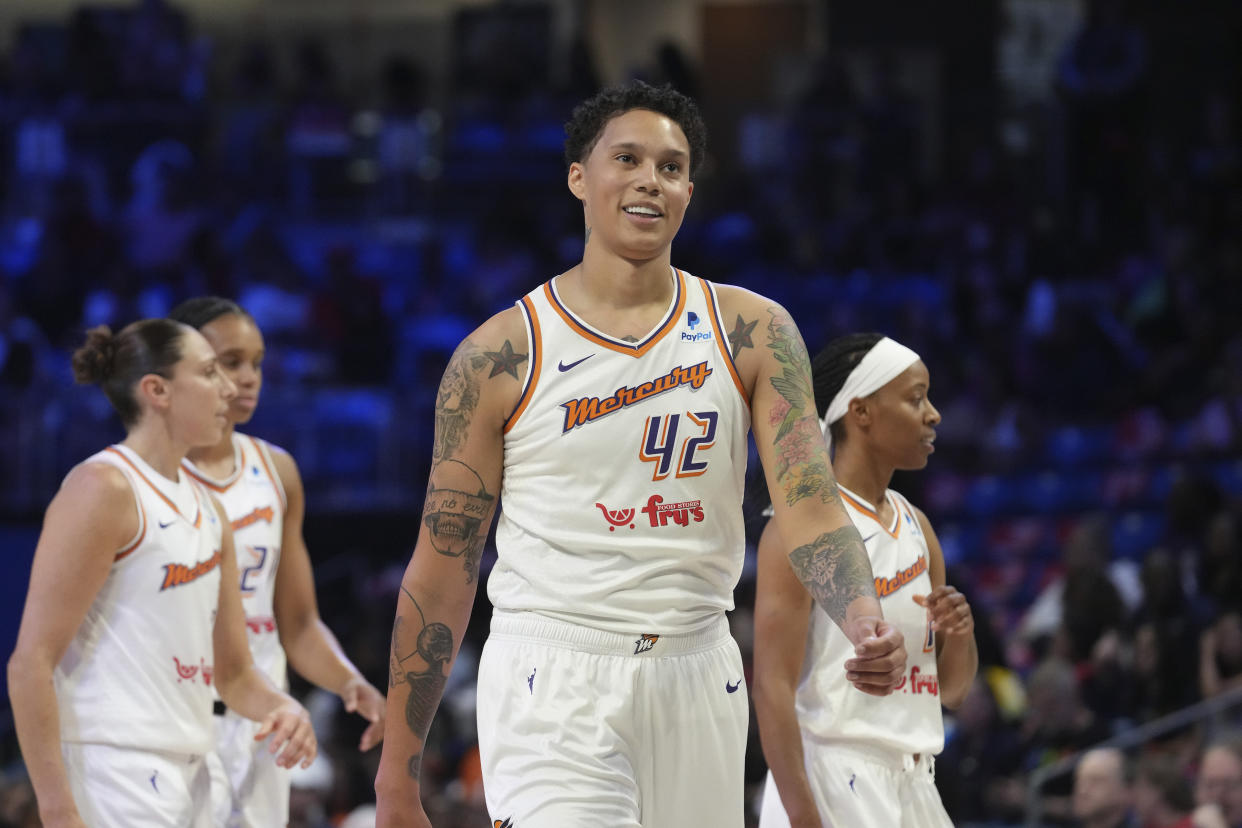 Phoenix Mercury center Brittney Griner smiles after a timeout during a recent game. The Mercury travel to New York to face the Liberty this week. (AP Photo/LM Otero)