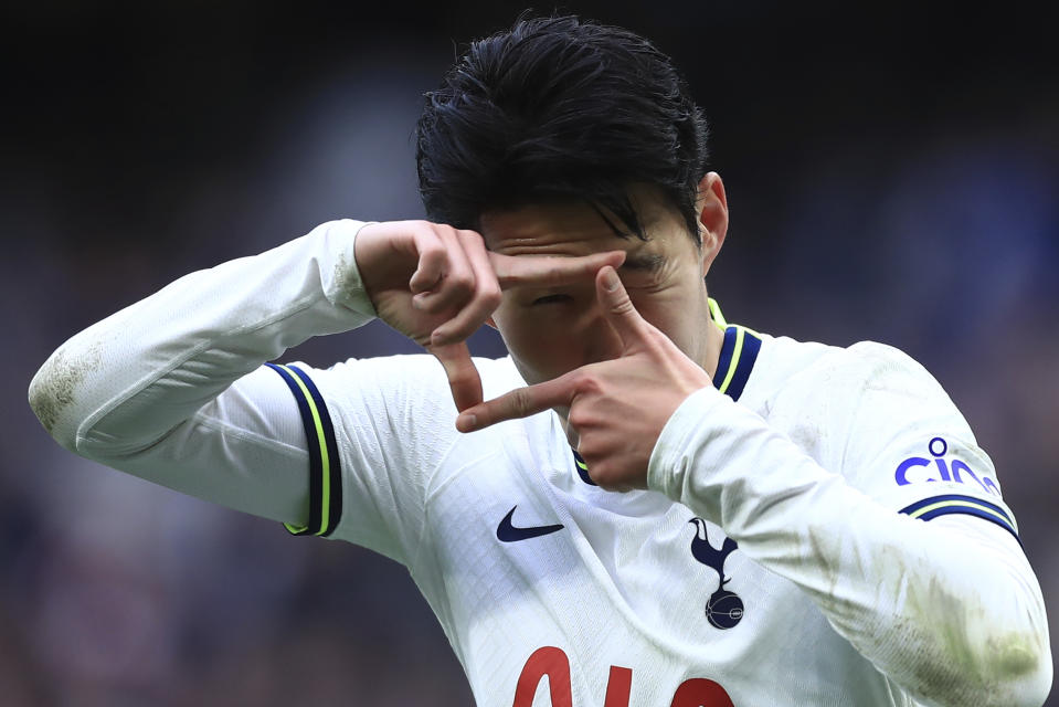 Tottenham's Son Heung-min celebrates after scoring his side's third goal during the English Premier League soccer match between Tottenham Hotspur and Nottingham Forest, at the Tottenham Hotspur stadium in London, Saturday, March 11, 2023. (AP Photo/Leila Coker)
