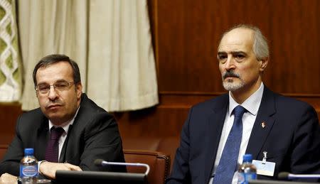 Syrian Ambassador to the U.N. Bashar al Jaafari (R) and Syrian ambassador Houssam-Eddin Ala (L) attend the opening of the Syrian Peace talks at the United Nations European headquarters in Geneva, Switzerland, January 29, 2016. REUTERS/Denis Balibouse