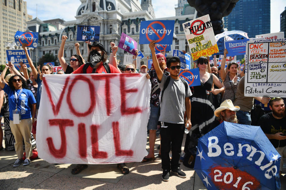 <p>Bernie Sanders supporters gather near City Hall on day three of the Democratic National Convention on July 27, 2016 in Philadelphia, Pa. (Photo: Jeff J Mitchell/Getty Images)</p>