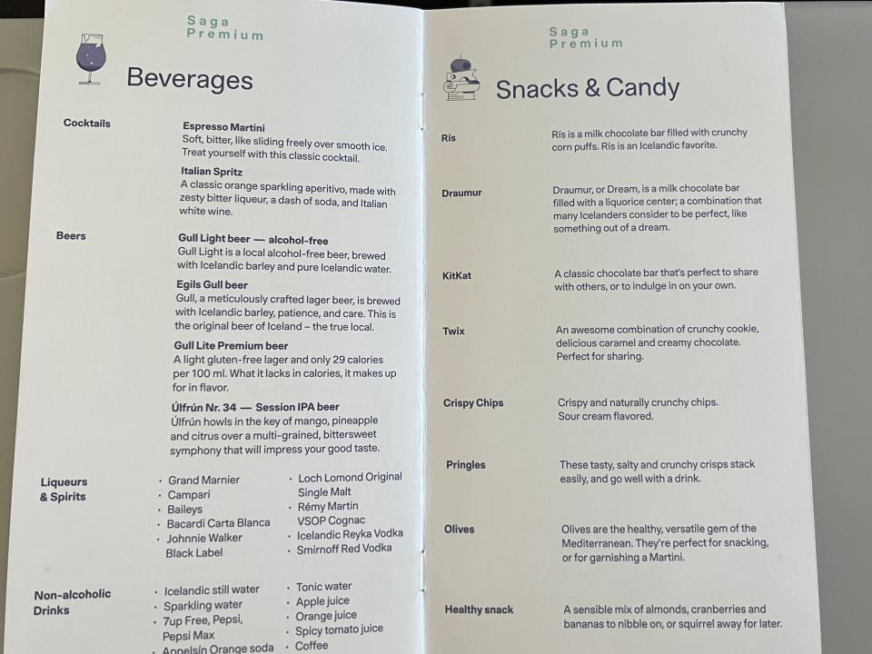 drink menu and snack menu on icelandair premium