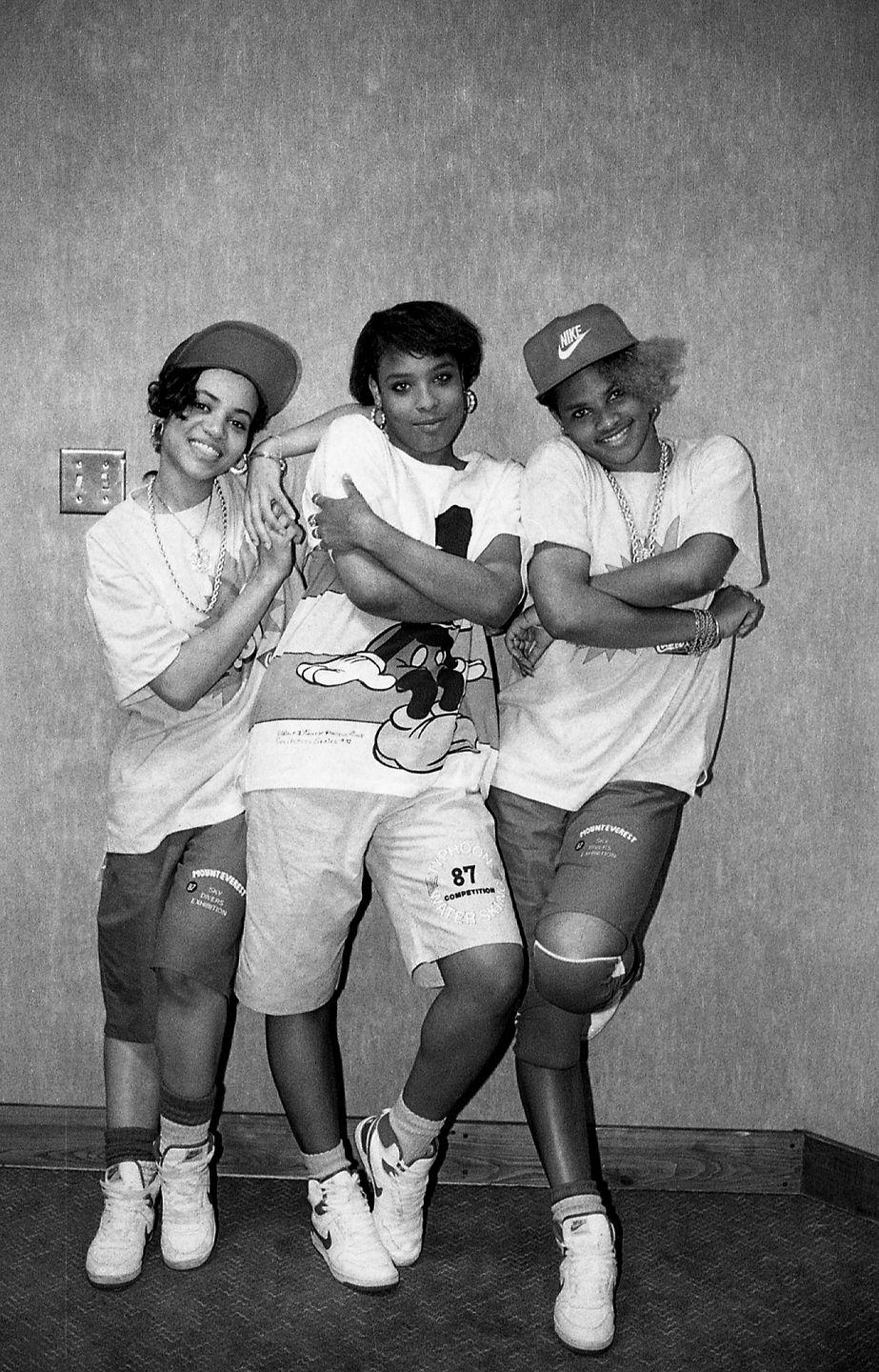 <p>DJ Spinderella, Salt, and Pepa from the hit '80s group Salt-N-Pepa are backstage after a performance at the Holiday Star Theatre in Merrillville, Indiana in 1987. </p>