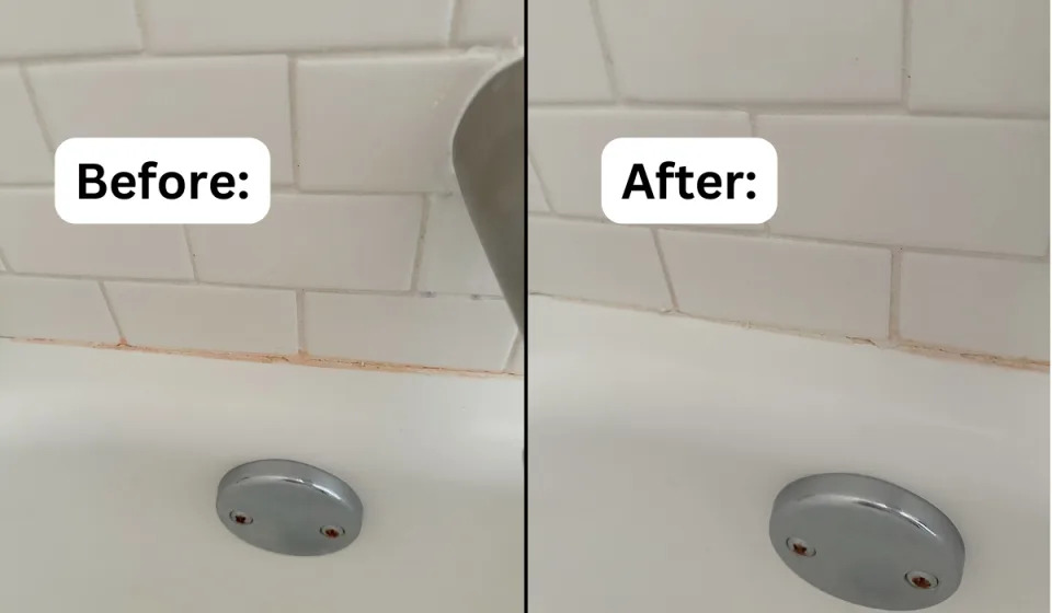author's before and after photos showing orange grout that's been restored to white