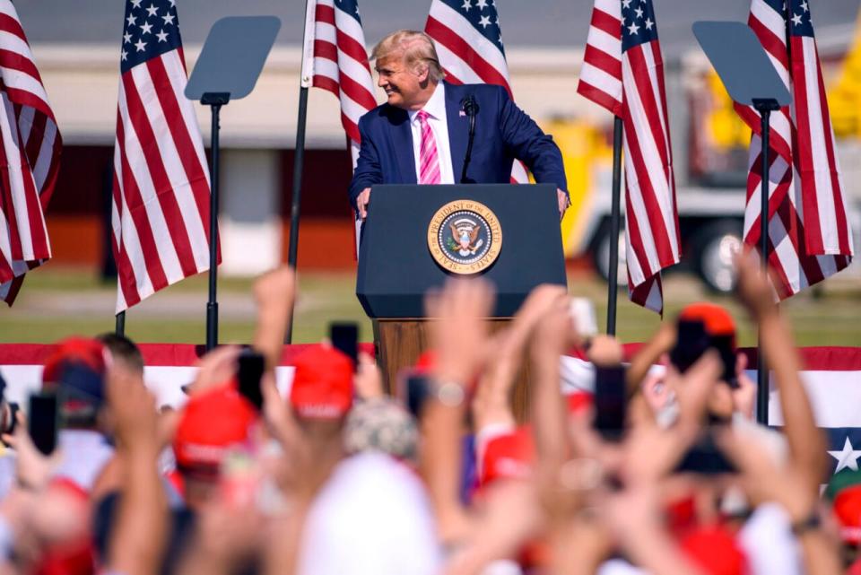 U.S. President Donald Trump addresses a crowd during a campaign rally on October 24, 2020 in Lumberton, North Carolina. (Photo by Melissa Sue Gerrits/Getty Images)