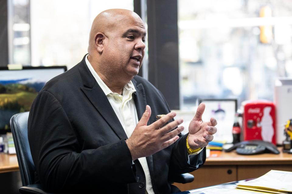 Michigan athletic director Warde Manuel talks during an interview with the Free Press Michigan beat writer Tony Garcia at U-M's Weidenbach Hall in Ann Arbor on Monday, April 22, 2024.