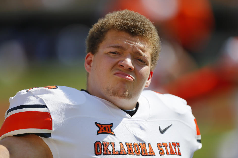 Oklahoma State offensive tackle Teven Jenkins has stepped up his game in 2020. (Photo by Brian Bahr/Getty Images)