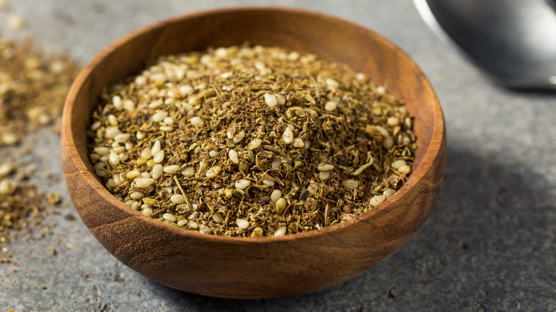 wood bowl zaatar sesame seeds