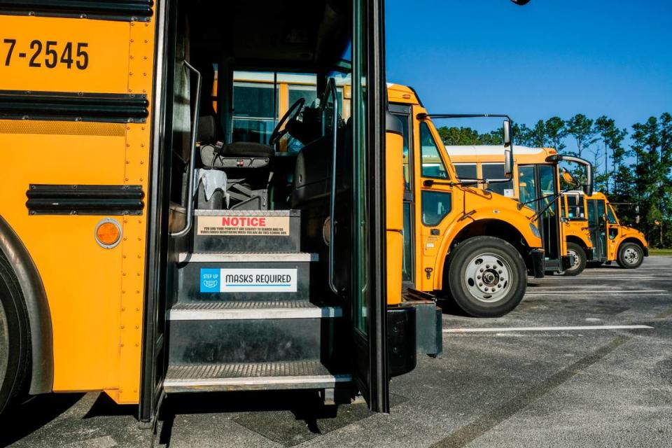 Beaufort County School buses are lined up to be sanitized at Bluffton High School on Nov. 19, 2020 after making their morning rounds of bringing students to their schools south of the Broad River.