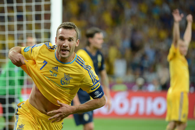 Ukrainian forward Andriy Shevchenko celebrates after scoring his second goal during the Euro 2012 championships football match Ukraine vs Sweden on June 11, 2012 at the Olympic Stadium in Kiev. TOPSHOTS/AFP PHOTO/DAMIEN MEYERDAMIEN MEYER/AFP/GettyImages