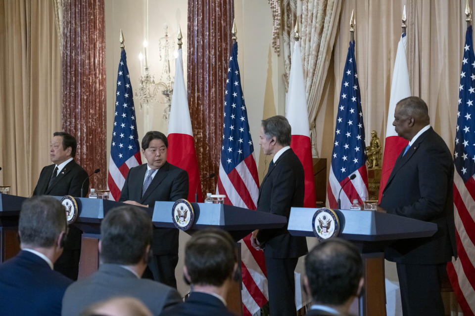 Japanese Defense Minister Yasukazu Hamada, Japanese Foreign Minister Hayashi Yoshimasa, Secretary of State Antony Blinken, and Secretary of Defense Lloyd Austin, speak during a news conference at the State Department, Wednesday, Jan. 11, 2023, in Washington. (AP Photo/Alex Brandon)