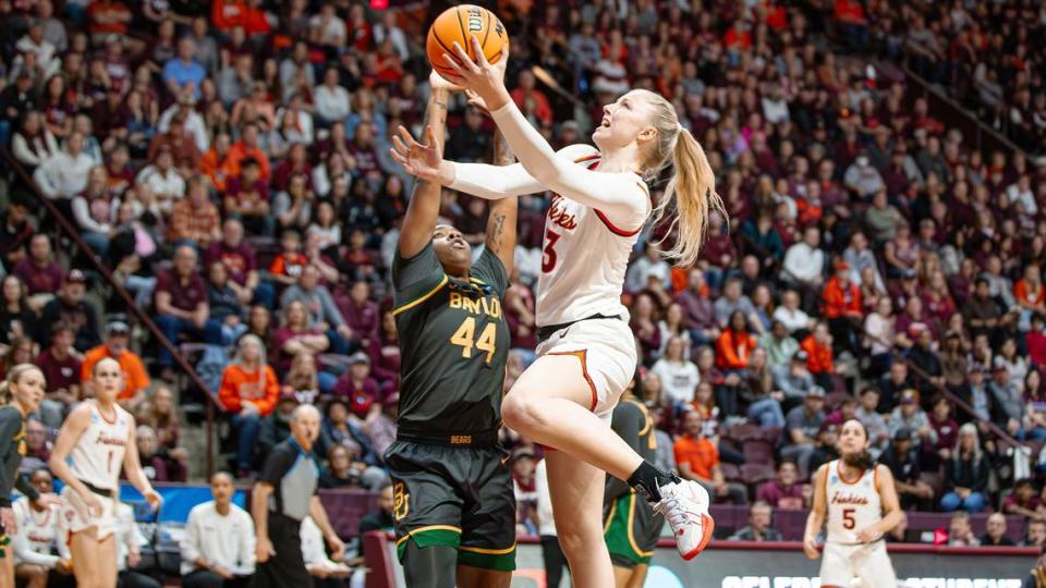 Clara Strack, called into emergency starting duty in the NCAA Tournament, scored 17 points in Virginia Tech’s first-round victory over Marshall, and posted her first double-double (18 points, 10 rebounds) against Baylor. Virginia Tech Athletics