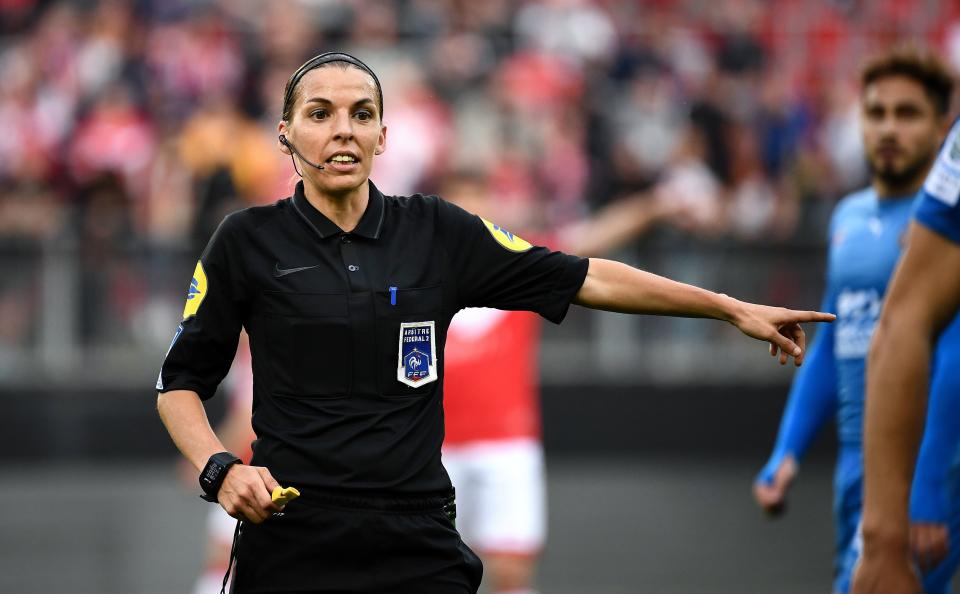 French referee Stephanie Frappart gestures during the French L2 football match between Valenciennes and Beziers on April 19, 2019 at the Hainaut Stadium in Valenciennes. - Stephanie Frappart has been selected among 27 referees for the 2019 World Cup in France next summer (June 7 - July 7). (Photo by FRANCK FIFE / AFP)        (Photo credit should read FRANCK FIFE/AFP/Getty Images)